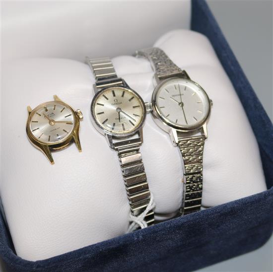 A ladys steel Omega manual wind wrist watch and two other ladys watches, (Sekonda and Avia).